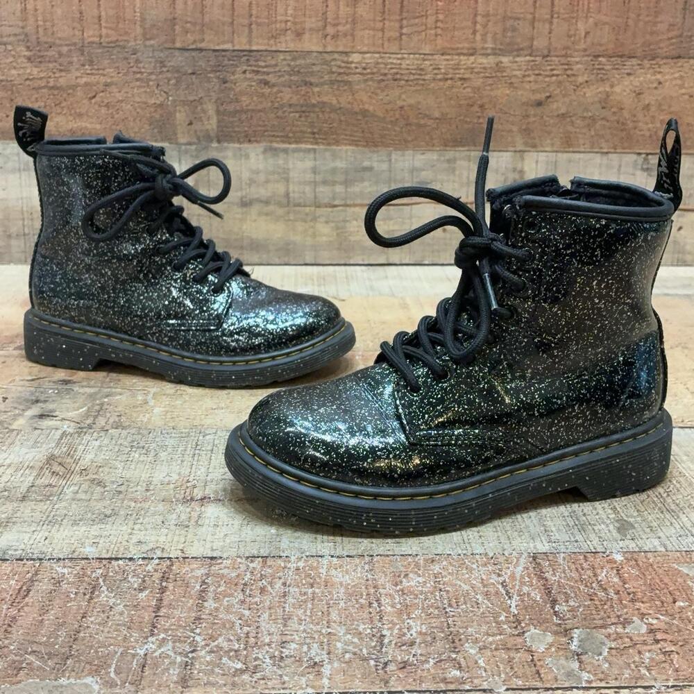 Dr. Martens 1460 J Boots Kids Size 1 32 Black Glitter Ankle Combat Zip Lace Up